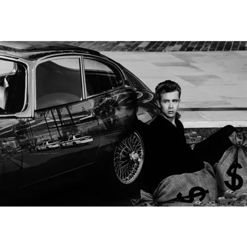 James Dean the Rebel with Car B&W 80x120x2cm